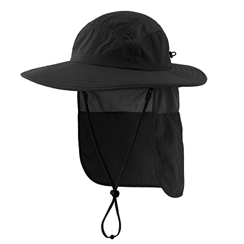 Home Prefer Mens UPF 50+ Sun Protection Cap Wide Brim Fishing Hat with Neck Flap (Black)