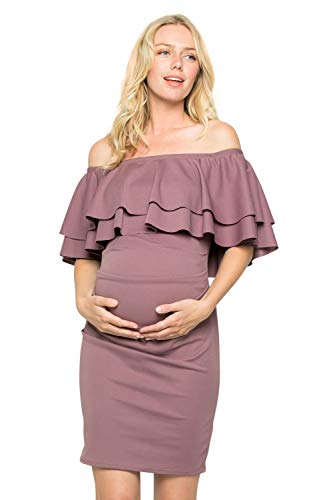 My Bump Double Layer Ruffle Maternity Dress-Fitted Off-Shoulder Baby Shower Pregnancy(D.Lavender NPAB, Large)