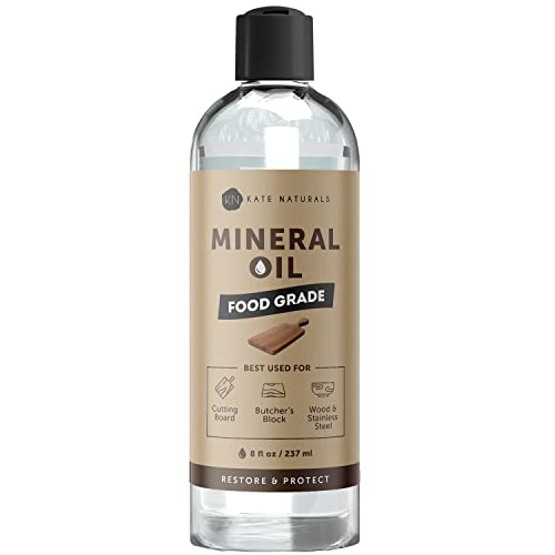 Kate Naturals Mineral Oil for Wood Cutting Board, Butcher Block, and Knife. Substitute for Linseed Oil (8oz, Food Grade, Food Safe)