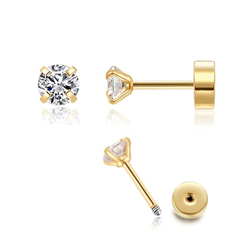 4mm CZ Flat Screw Back Stud Earrings,14K Gold Small Cubic Zirconia Earrings for Helix Cartilage Tragus Earlobe Piercing Jewelry Gift for Women Girls(4mm CZ, Gold)