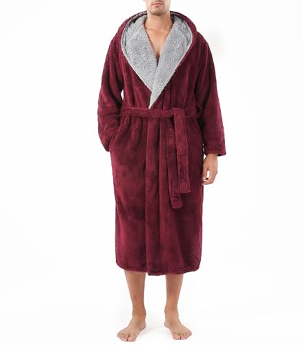 DAVID ARCHY Men's Soft Plush Fleece Robe Full Length Hooded Long Bathrobe for Men with Hood (XL, Red- Shu Velveteen)