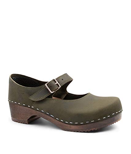 Sandgrens Swedish Low Heel Wooden Clogs for Women with Leather Upper, US 7-7.5 | Mary Jane Olive DK, EU 38