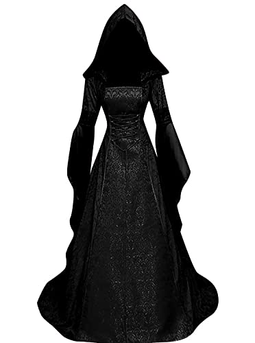 BITSEACOCO Deluxe Witch Dress Costume for Women, Vintage Embroidered Renaissance Victorian Gothic Hooded Vampire Gown Dress Cosplay (Black, M)