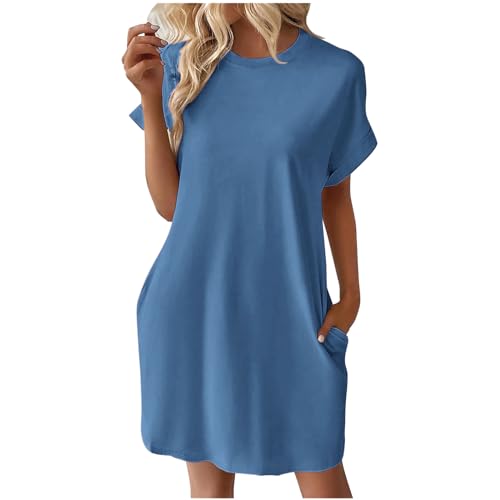 Casual Short Sleeve Tee Dress for Women, Solid Round Neck Mini Dresses Comfy Regular Fit with Pocket Summer Swing Hem Dress Navy