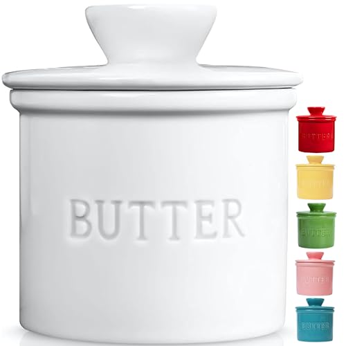 PriorityChef Butter Crock with Lid, On Demand Spreadable Butter, French Butter Keeper to Leave On Counter with Water Line, Ceramic French Butter Dish, White