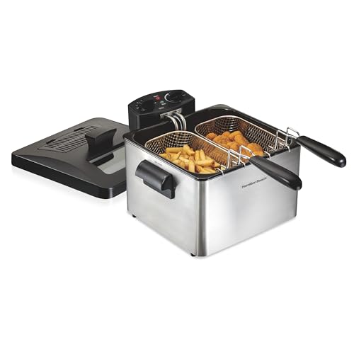 Hamilton Beach Deep Fryer with 2 Frying Baskets, 19 Cups / 4.5 Liters Oil Capacity, Lid with View Window, Professional Style, Electric, 1800 Watts, Stainless Steel (35036)