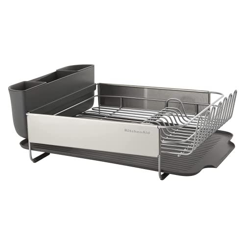 KitchenAid Large Capacity, Fully Size Self Draining Rust Resistatant Satin Coated Dish Rack with Removable Flatware Caddy 20.47-Inch, Gray