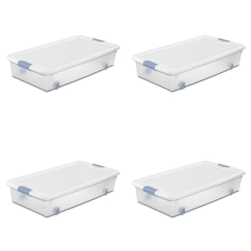 Sterilite 56 Qt Wheeled Latching Storage Box, Stackable Bin with Latch Lid, Plastic Container to Organize Shoes Underbed, Clear with White Lid, 4-Pack