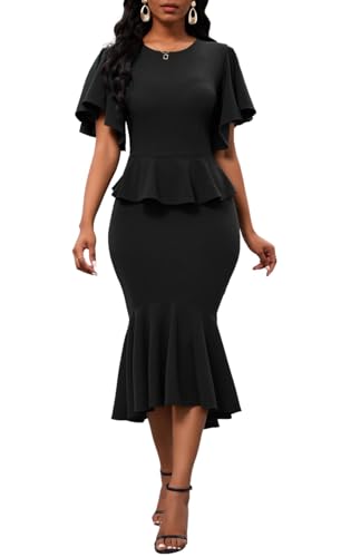 Womens Short Ruffle Sleeve Fishtail Formal Evening Elegant Cocktail Peplum Midi Mermaid Dresses(Black XX-Large)