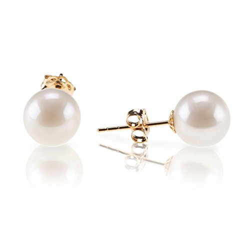 PAVOI 18K Yellow Gold Plated Sterling Silver Round Stud White Simulated Shell Pearl Earrings -12mm
