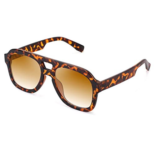 FEISEDY Vintage Pilot Sunglasses Double Bridge Women Men Large Square Thick Frame Trendy Eyewear UV400 B2846
