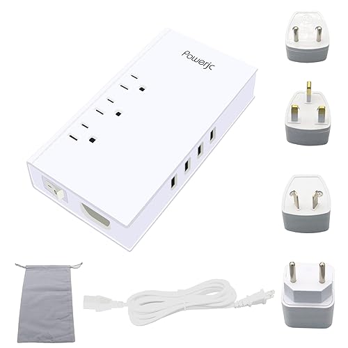 Voltage Converter Adapter Step Down 220V to 110V AC Output Rated Current 7A with 4 Smart USB Charging Ports White Powerjc