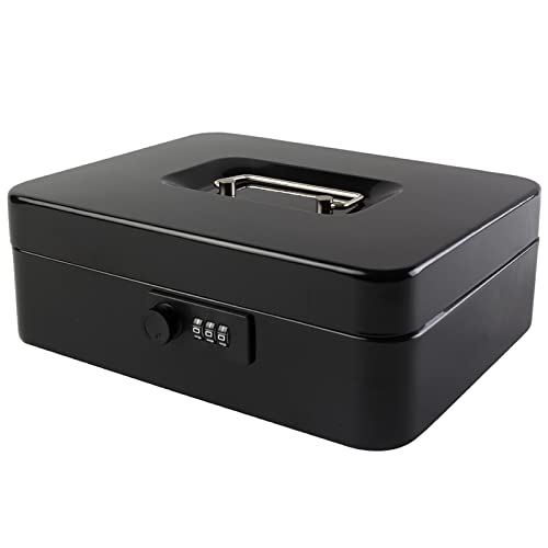 KYODOLED Large Cash Box with Combination Lock Safe Metal Money Box with Money Tray for Security Lock Box 9.84'x 7.87'x 3.54' Black