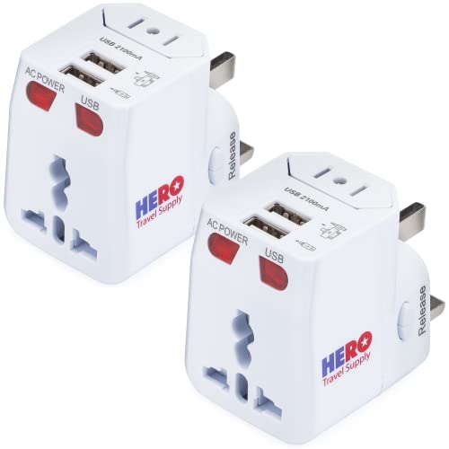 Hero Universal Travel Adapter (2 USB Ports) – Power Plug for US Europe France UK Ireland Thailand NZ Australia 100+ Countries (2-Pack)