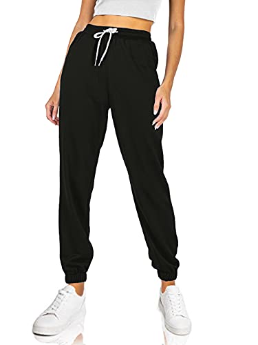 AUTOMET Women's Cinch Bottom Sweatpants High Waisted Wide Leg Joggers Baggy Pants with Pockets Black