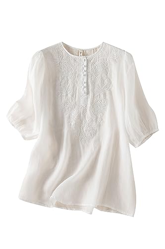 DOVWOER Cotton Linen Tops for Women 2023 Fall 3/4 Sleeve Embroidery Blouses Casual Tunic Shirt