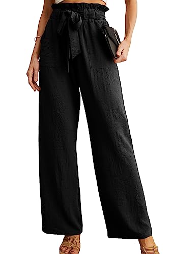 IWOLLENCE Women's Wide Leg Pants with Pockets High Waist Adjustable Knot Loose Casual Trousers Business Work Casual Pants Black X-Large