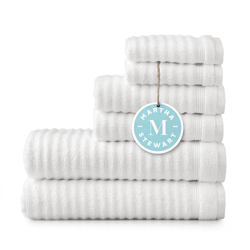 MARTHA STEWART 100% Cotton Bath Towels Set Of 6 Piece, 2 Bath Towels, 2 Hand Towels, 2 Washcloths, Quick Dry Towels, Soft & Absorbent, Bathroom Essentials, Textured White