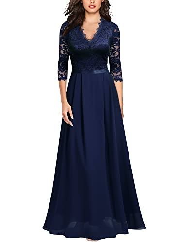 MISSMAY Women's Formal Floral Lace 2/3 Sleeves Long Evening Party Maxi Dress (XX-Large, Navy Blue)