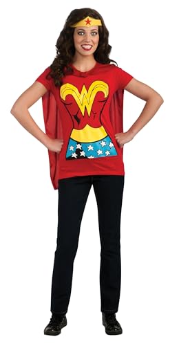 Rubie's Women's Standard DC Comics Wonder Woman T-Shirt with Cape and Headband, Red, Small