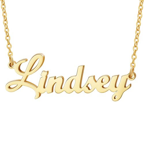 Ldurian Name Necklace Personalized | Lindsey Name Pendant Necklace Gifts | 14K Gold Plated Dainty Name Necklaces Birthday Jewelry Gift for Teen Girls