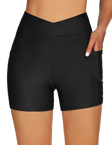 Tournesol Women's Swim Shorts Tummy Control Swimsuit Bottoms High Waisted Bathing Suit Swimwear Boy Shorts with Pocket