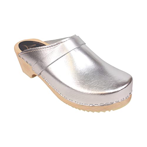 Lotta From Stockholm Swedish Classic Clogs - Silver Leather Clogs for Women I Supportive Wooden Clog with PU Coating I 2 inch Heel & 3/4 inch Platform I Size US 9 EUR 40