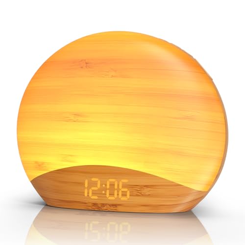 REACHER Wooden Sunrise Alarm Clock Wake Up Light, White Noise Sound Machine for Sleep, 0-100% Dimmer Digital Clock, Night Light, 26 Soothing Sounds, Sunrise Lamp for Baby, Kids, Adult, Bedroom