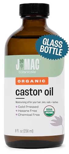 J MAC BOTANICALS, Organic Castor Oil Cold Pressed (Glass Bottle, 8 oz) pure unrefined, hexane free for face, skin, eyelashes, pack wraps, pads