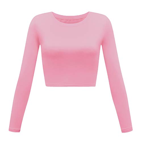 Artivaly Women's Slim Fitted Basic Round Neck Long Sleeve Solid Crop Top (Pink, X-Large)