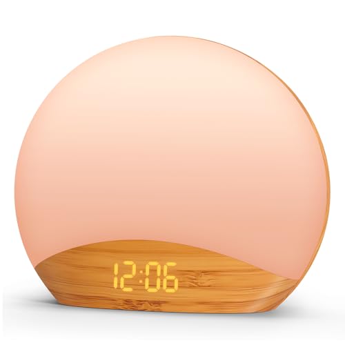 REACHER Wood Grain Sunrise Alarm Clock and Sound Machine Nightlight, Digital Dimmable Clock for Bedroom, 26 Sleep Sounds, White Noise Machine for Baby, Adults, Wake Up Light Alarm Clock for Kids