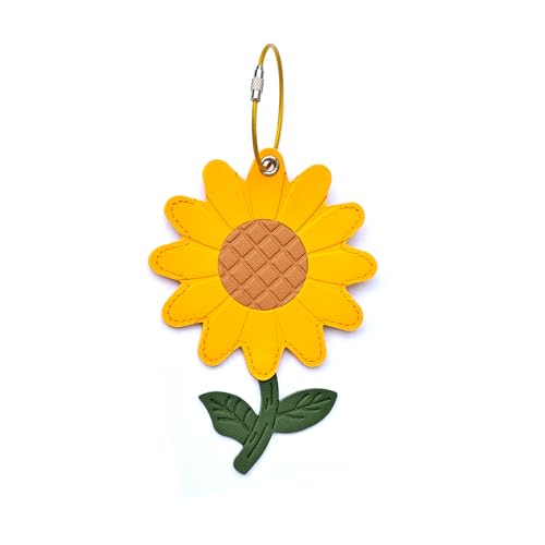 Cute Luggage Tags for Travel Suitcase, Faux Leather Suitcases Tag with Airtag Holder Set, Stainless Steel Loop,ID Label (Sunflower)
