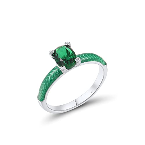 Santuzza 925 Sterling Silver Solitaire Oval Green Glass Ring Green Enamel Statement Ring for Women (6)