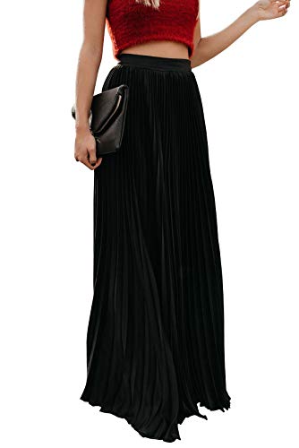 ebossy Women's High Waist Flowy Pleated Chiffon Maxi Skirt (X-Large, Black)