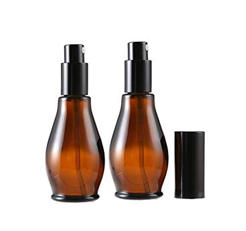Elandy 2Pcs Empty Refillable Cucurbit Shaped Amber Glass Lotion Pump Bottles Portable Cosmetic Makeup Cream Lotion Container Vial Jar Dispenser With Black Pump Head and Cap(50ml/1.7oz)