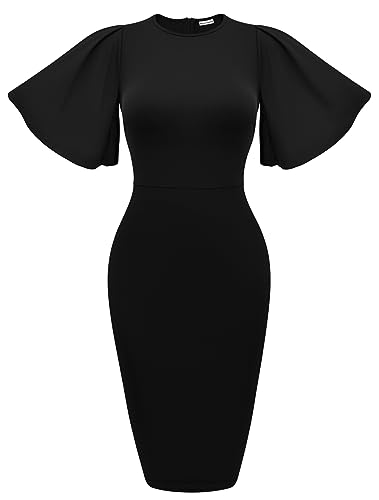 Memoriesea Women's Basic Bodycon Ruffle Flared Short Sleeve Pencil Midi Dress Black