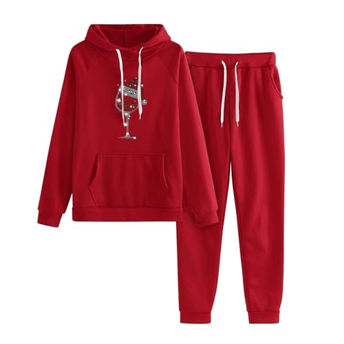 Women Outfits Women's Ladies Christmas Casual Set With Wine Glass Print Hoodie Sweatshirt And Long Pants Set (Red, L)