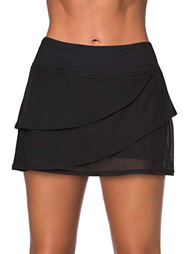 Aleumdr Women's Three Layered Waistband Ruffle Swimdress Swim Skirt Swimsuit Bottom Large 12 14 Black