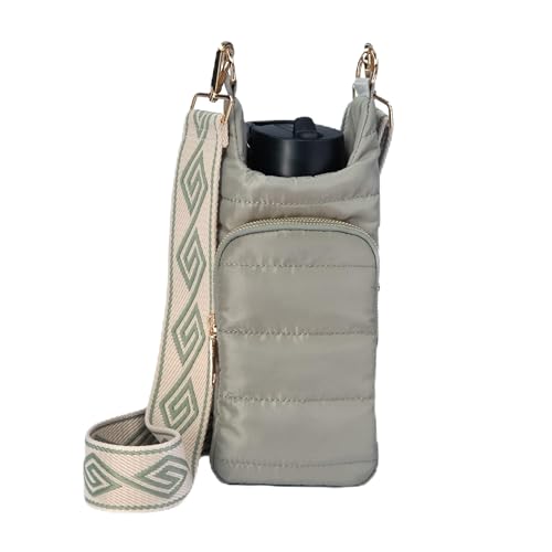 WanderFull Original Crossbody HydroBag | Quilted Water Bottle Carrier | Puffer Tote Tumbler Holder with Pockets for Purse, Phone & Accessories | Carry Travel Essentials (Sage/Patterned Strap)