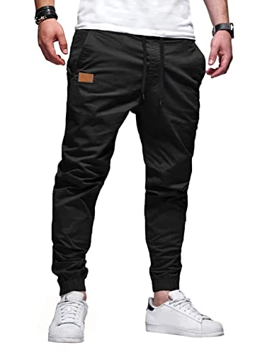 JMIERR Mens Cotton Drawstring Cargo Pants - Outdoor Hiking Gym Twill Joggers with Pockets for Men, US 36(L), Black