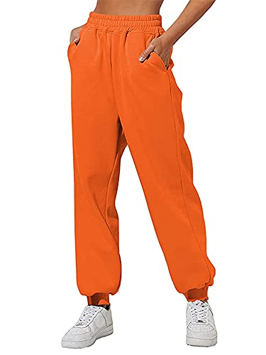 Women Sports Trousers Loose Slimming Pants Inner Plush Thickened High Waist Pockets Warm Bottoms Winter Wear (Orange, Large)