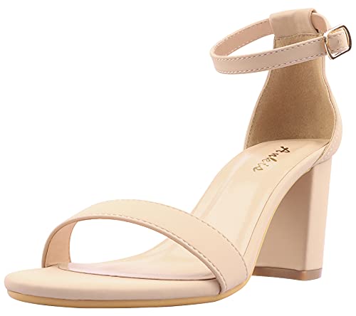 Ankis Nude Heels for Women - Open Toe Ankle Strap Chunky Heel Pump Sandals Party Wedding Strappy Buckle Sandals 2.75 Inches(Nude Nubuck, numeric_8)