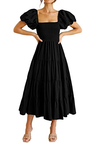 PRETTYGARDEN Women's Casual Summer Midi Dress Puffy Short Sleeve Square Neck Smocked Tiered Ruffle Dresses (Black,Large)