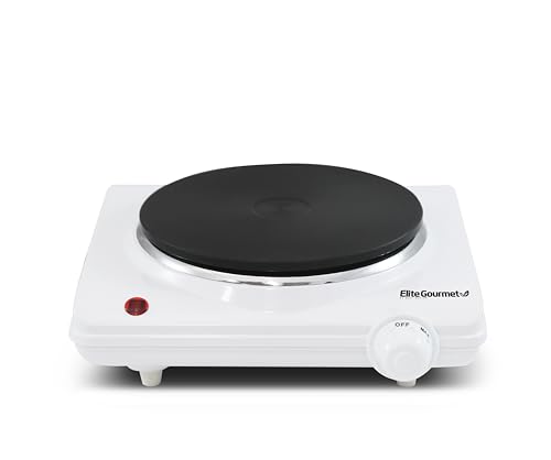 Elite Gourmet ESB-301F Countertop Single Cast Iron Burner, 1000 Watts Electric Hot Plate, Temperature Controls, Power Indicator Lights, Easy to Clean, White