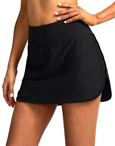 Soothfeel Women's Swim Skirt with Zipper Pockets High Waisted Tummy Control Bathing Suit Skirt Bikini Bottoms for Women (Black, XL)