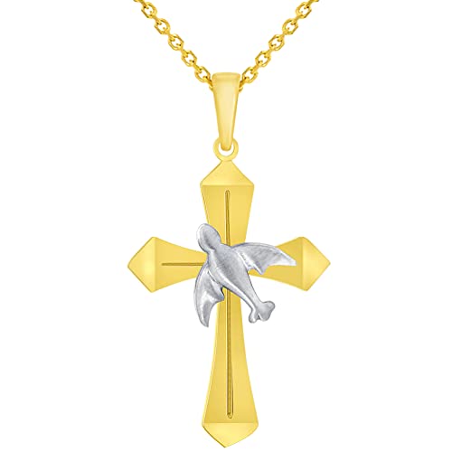 Jewelry America 14k Yellow Gold Holy Spirit Dove Two Tone Religious Cross Pendant with Rolo Cable Chain Necklace, 18'