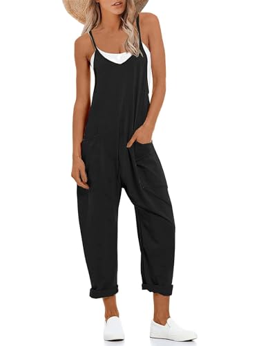 Muchpow Women's V Neck Sleeveless Jumpsuits Spaghetti Straps Harem Long Pants Overalls With Pockets(Black,Medium)