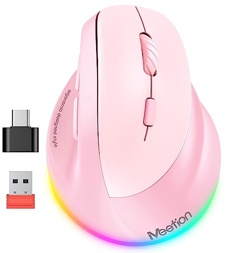 MEETION Ergonomic Mouse, Wireless Vertical Mouse RGB Backlit Rechargeable Mice for Bluetooth(5.2 + 3.0) & USB-A with Type-c Adapter 4 Adjustable DPI Compatible Mac/Windows/Andriod/PC/Tablet/iPad Pink