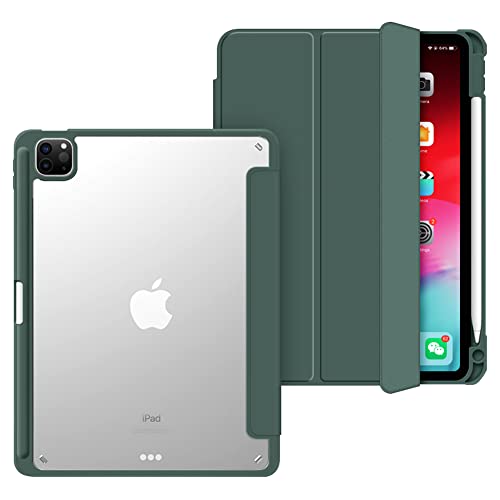 ExuCase for iPad Air 5th Generation 10.9 Inch 2022 / iPad Air 4th Gen 2020 / iPad Pro 11 2022/2021/2020/2018 with Pencil Holder, Trifold Smart Cases Shell + Clear Transparent Back Cover, Dark Green