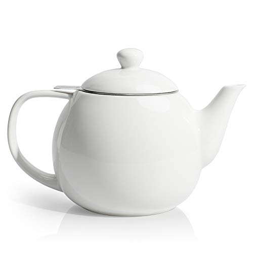 Sweese Teapots for Tea, 27 oz Porcelain Tea pot with Removable Stainless Steel Infuser, Tea Pots for Loose Tea - White